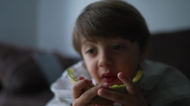 Barnavslutande Melonfrukt Liten Pojke Som Äter Fruktdessert Ungen Äter Hälsosamt — Stockvideo