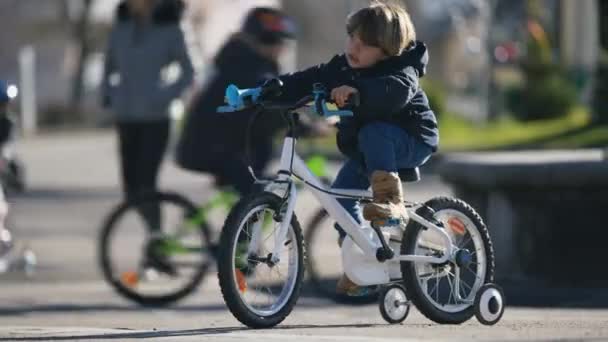 One Small Boy Riding Bicycle Child Learning Ride Bike Outdoors — Stock Video