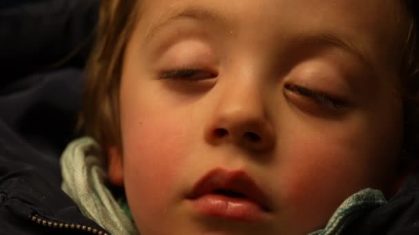 Alvó Gyermek Portréja Ahogy Vonaton Utazik Egy Kisfiú Mély Szundikáló — Stock videók