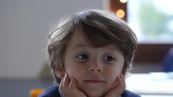 Porträtt Ett Bedårande Barn Liten Pojke Med Tröja Närbild Ansikte — Stockvideo