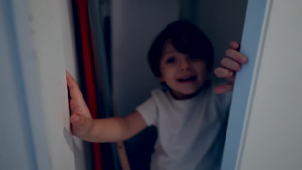 Evdeki Dolabın Arkasında Saklanan Çocuk Saklambaç Oynayan Küçük Bir Çocuk — Stok video