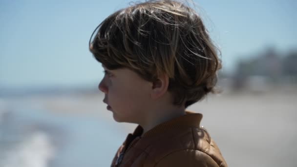 Один Созерцательный Мальчик Стоящий Снаружи Пляже Смотрящий Горизонт Задумчивый Ребенок — стоковое видео