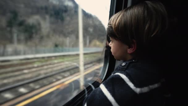 Miúdo Contemplativo Olhar Para Janela Comboio Uma Criança Passageira Sentada — Vídeo de Stock