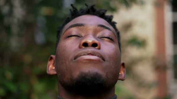 Thoughtful Black African Man Looking Sky Closing Eyes Contemplation — Foto de Stock