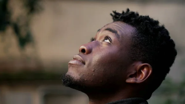 Thoughtful Black African Man Looking Sky Closing Eyes Contemplation — Stock Fotó