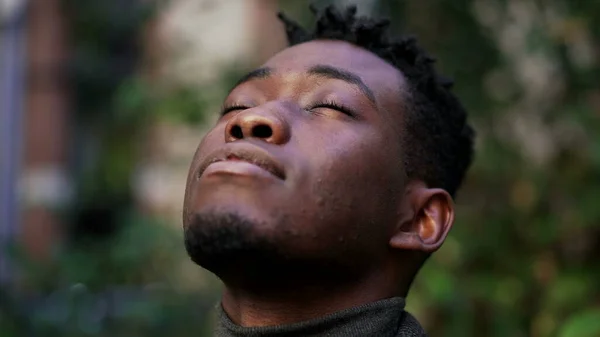 Thoughtful Black African Man Looking Sky Closing Eyes Contemplation — Stock Fotó