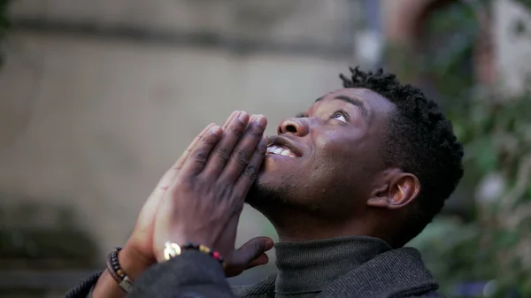 Religious Young Black Man Praying God African Person Looking Sky — Fotografia de Stock