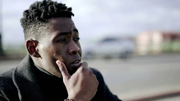 Preoccupied Young Black Man Anxious Person Sitting Ground City Sidewalk — Fotografia de Stock