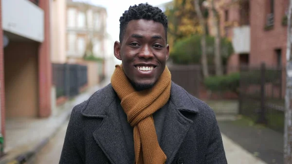 Satisfied Black Man Walking Forward Smiling Camera — Stockfoto