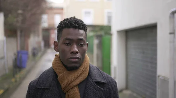 Sad Upset Black African Man Walking City Moody Depressed Emotion — Zdjęcie stockowe