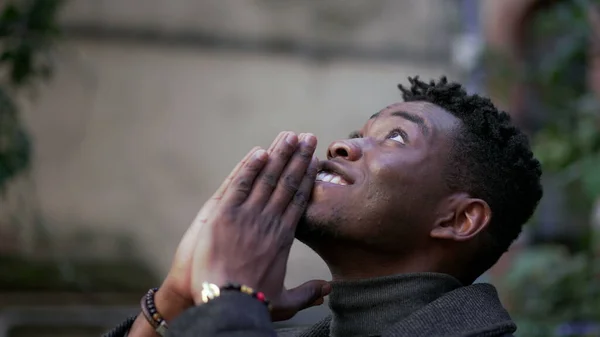 Religious Young Black Man Praying God African Person Looking Sky — Foto de Stock