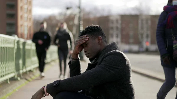 Worried Black Man Suffering Alone Emotional Pain City Sidewalk Street — ストック写真