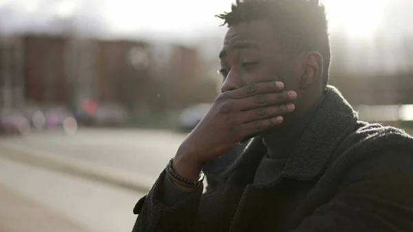 Worried Black Man Suffering Alone Emotional Pain City Sidewalk Street — Stock Fotó