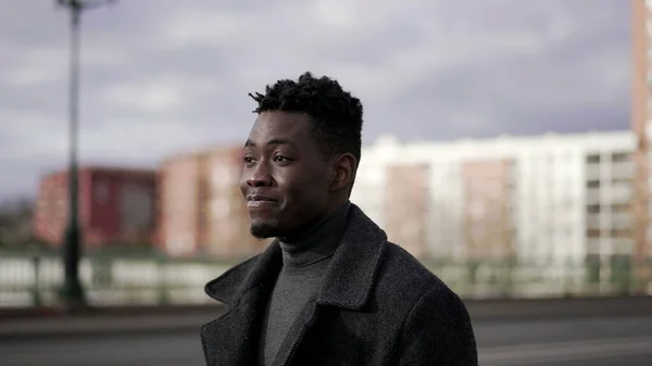 Thoughtful Profile Black Man Portrait Walking Outdoors City Wearing Coat — 图库照片