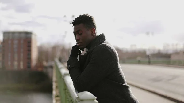 Thoughtful Black African Man Thinking Life Top Bridge — Stok fotoğraf