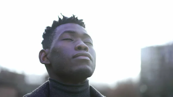 Young Black Man Closing Opening Eyes Meditation Contemplation African Person — Fotografia de Stock