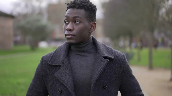 Young Black Man Walking Park Nature Wearing Coat Winter Season — Foto de Stock