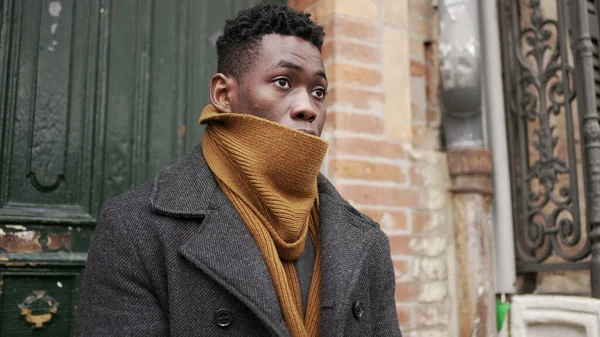 Young Black Man Stepping Winter Season African Person Leaving House — ストック写真