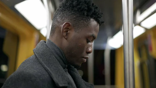 Young Black Man Riding Sunbway Metro Underground Commuting — Stock Fotó