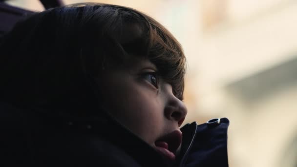 Portret Van Een Attent Jongetje Van Dichtbij Pensief Beschouwend Kind — Stockvideo