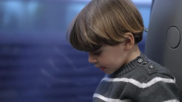 One Small Boy Traveling Train Staring Window Landscape Passing Child — Stock Video