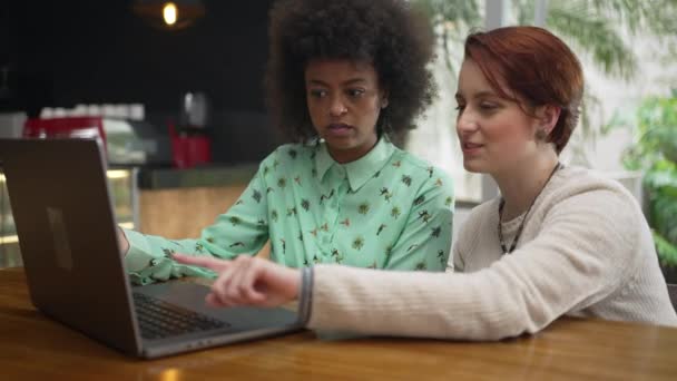 Две Молодые Женщины Перед Ноутбуком Кафе Женщина Коллега Указывает Экран — стоковое видео