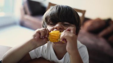 Evde CORN yiyen çocuk. Küçük bir çocuk besleyici gıdalar yiyor. Kolalı bir sebzeyi ısıran çocuk