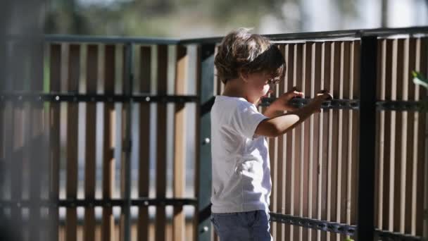 Ένα Στοχαστικό Μικρό Αγόρι Στέκεται Στο Μπαλκόνι Κρατώντας Ξύλινο Φράχτη — Αρχείο Βίντεο