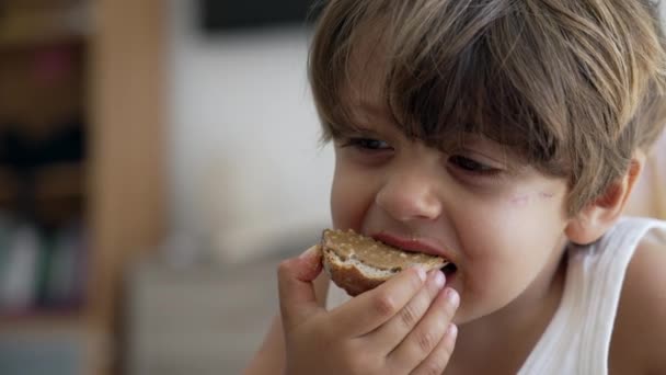 Niño Pequeño Comiendo Pan Con Mantequilla Maní Retrato Niño Tomando — Vídeo de stock