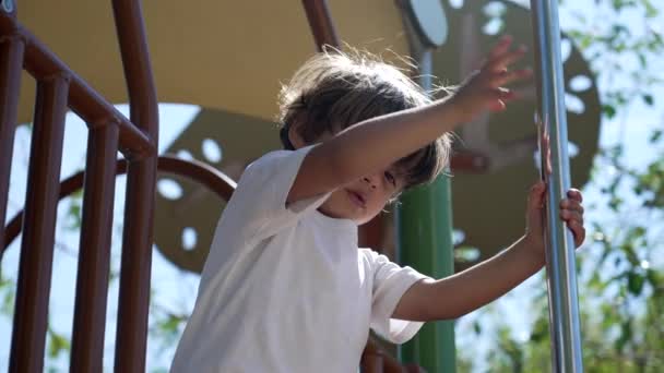 Один Активный Маленький Мальчик Держащийся Металлическом Баре Детской Площадке Развлекается — стоковое видео