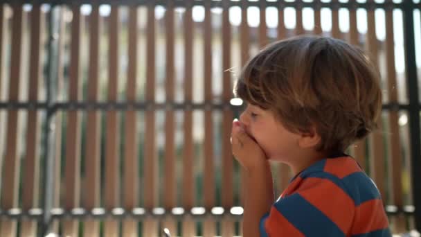 一个小男孩坐在家里的阳台上 手拿麦片 背景是晨光耀斑 小孩穿着睡衣吃饭 — 图库视频影像