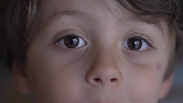 小孩宏观闭上双眼侧视 孩子的脸和眼睛以惊讶的表情作出反应 — 图库视频影像
