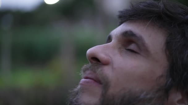 Young Man Face Closing Opening Eyes Sky Hope Faith Spiritual — Video