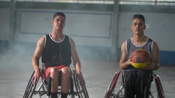 Portrait Two Disabled Handicapped Basketball Players Wheelchairs Looking Camera — Stock Video