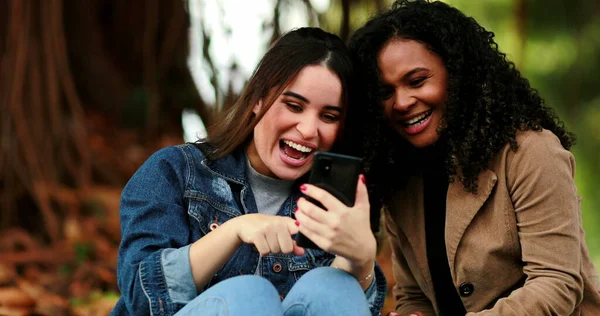 Verscheidene Meisjes Kijken Naar Mobiele Telefoon Scherm Vrouw Bellen Vriend — Stockfoto
