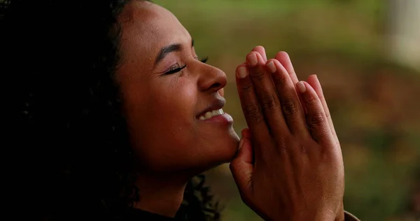 Person Praying God African Mixed Race Girl Begging Divine Help — Stock Photo, Image