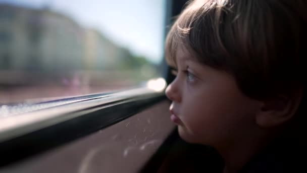 Menino Contemplativo Olhando Pela Janela Trem Vendo Paisagem Passando Criança — Vídeo de Stock