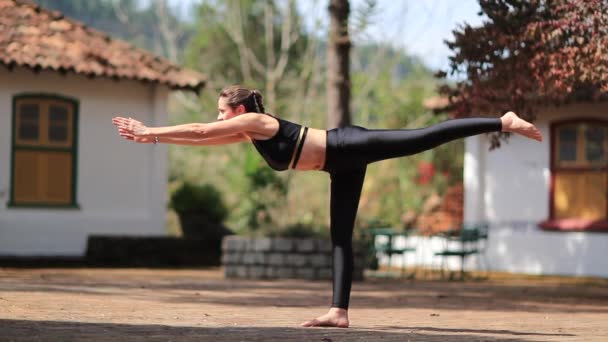 Mujer Entrenando Yoga Aire Libre Persona Que Ejerce Equilibrio Pose — Vídeos de Stock