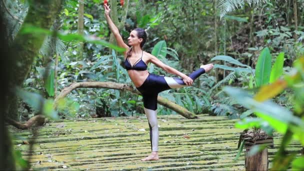 Гибкая Атлетическая Женщина Тренирует Йогу Открытом Воздухе — стоковое видео
