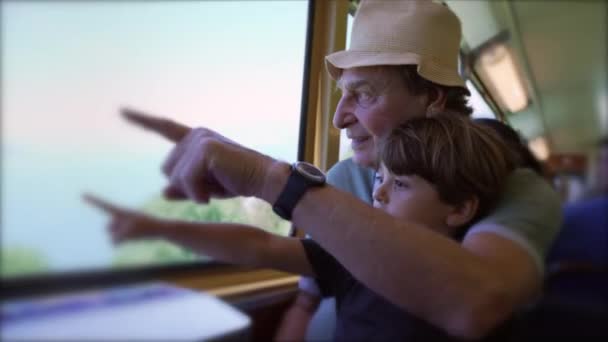 祖父和孙子一起坐在火车窗前 手拉手朝风景看去 世世代代的家庭度假观赏风景 — 图库视频影像