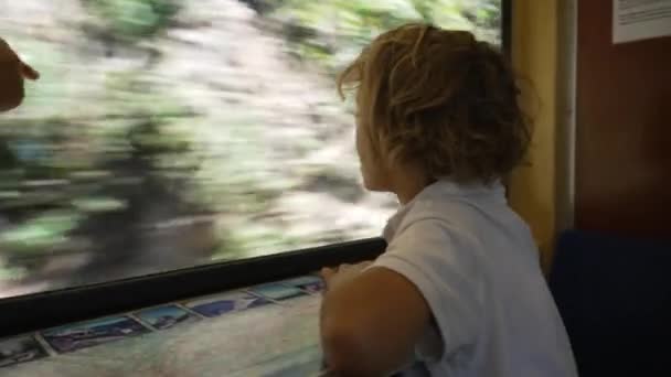 Děti Cestující Vlakem Sedí Okna — Stock video