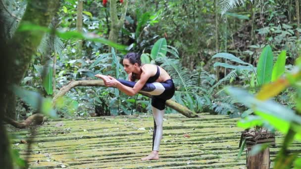 Гибкая Атлетическая Женщина Тренирует Йогу Открытом Воздухе — стоковое видео