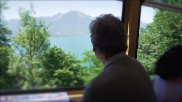 Vzadu Starším Mužem Vlaku Jak Dívá Okna Cestující Cestující Železniční — Stock video
