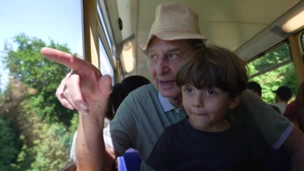 Šťastný Dědeček Cestuje Vlakem Vnoučaty Starší Muž Ukazuje Krajinu Uvnitř — Stock video