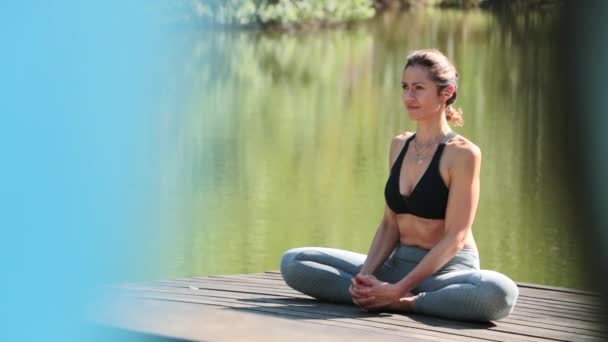 Peaceful Woman Stretching Body Pier Lake — Stock Video