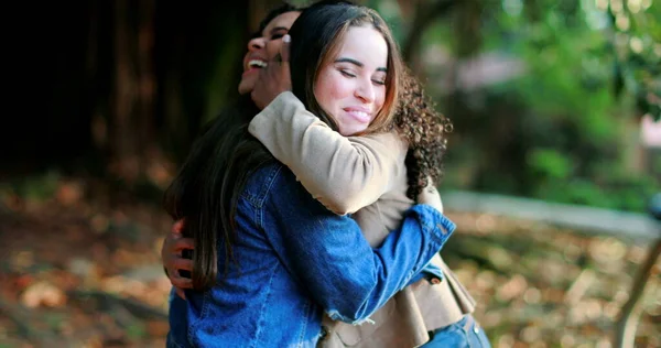 Two Enthusiastic Women Embrace Park Happy Friends Reunion — Stock Photo, Image