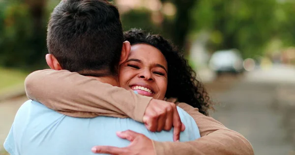 stock image Young woman running towards boyfriend and hugging, happy couple reunion