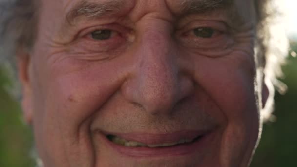 Mutlu Bir Yaşlı Insan Macro Kırışık Yaşlı Bir Adamın Kameraya — Stok video