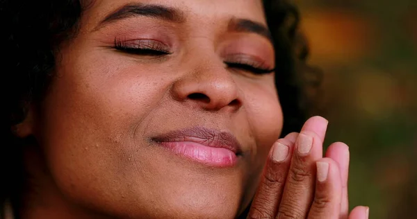 Thoughtful Black African Girl Eyes Closed Smiling Meditating — Stock Photo, Image