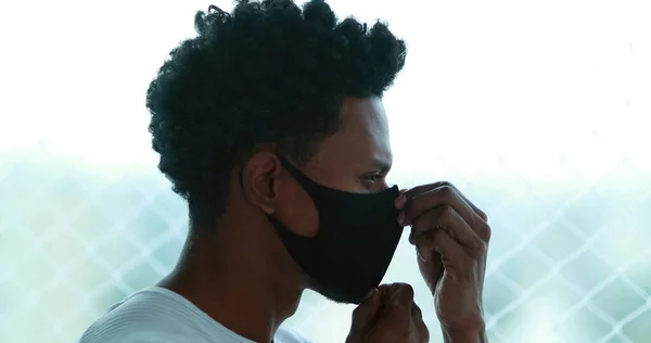 African American Man Putting Covid Virus Mask Black Person Adjusting — Stockfoto